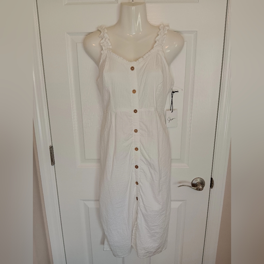 Japna Womens Small White V-Neck Midi Below Knee Dress 100% Cotton NWT